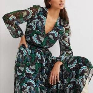 Boden Floral Metallic Detail Maxi Dress sz: 4 S Chiffon Sheer Sleeve Long Flowy